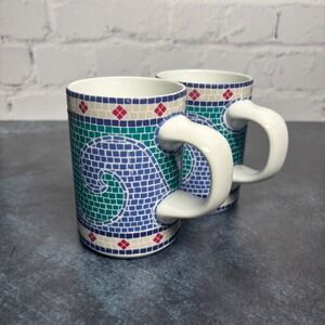 Dansk Vintage 90's Mosaic Waves Coffee Mugs Beachy Coastal, Set of 2